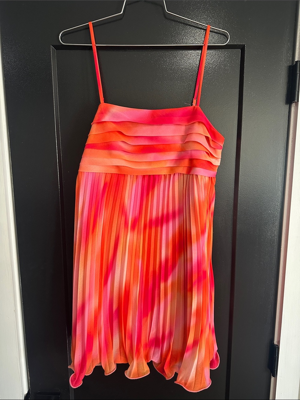 Bright Orange-Pink Pleated Spaghetti Strap Dress